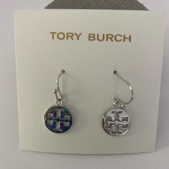 New Tory Burch Silver French Wire Logo Earings - Picture 2 of 5